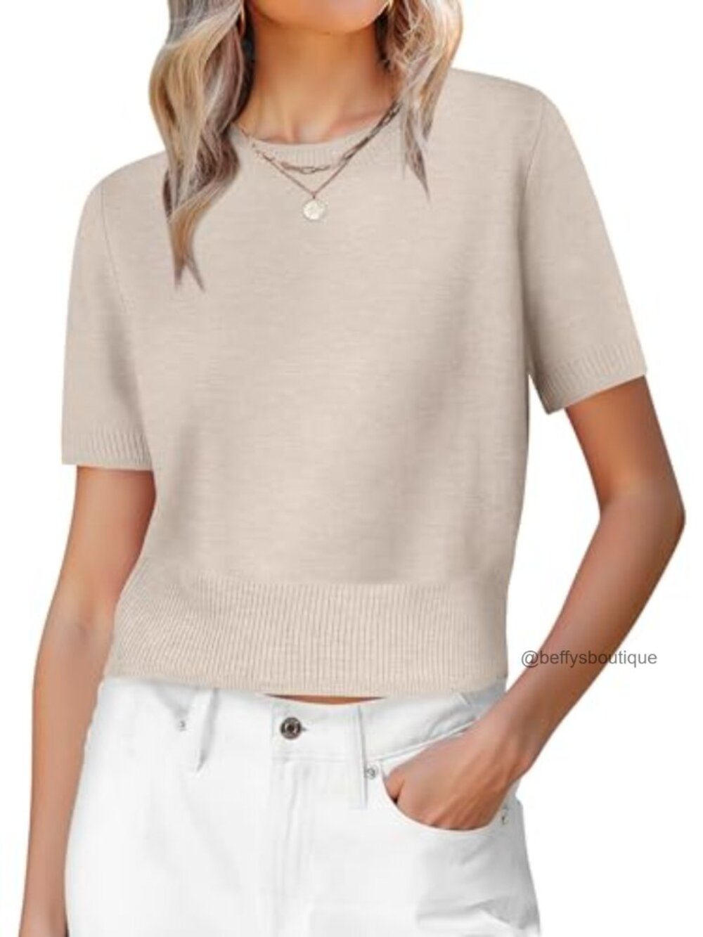Womens Cropped Crew Neck Short Sleeve Sweater Ribbed Knit Pullover
